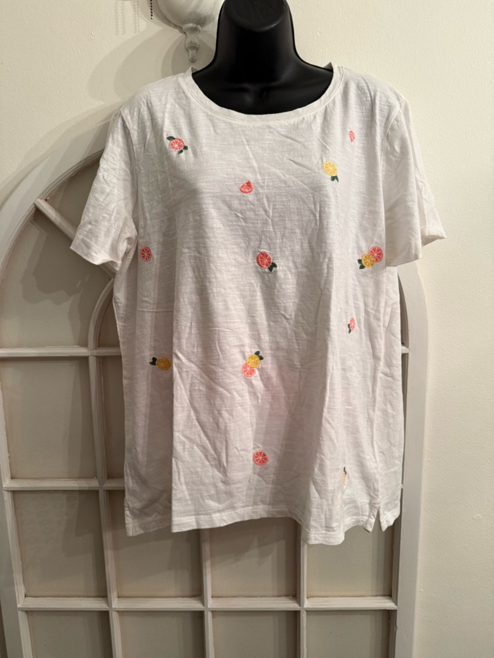 Embroidered Citrus Cotton Tee. Plus size granny core, coastal, lemons, oranges,l